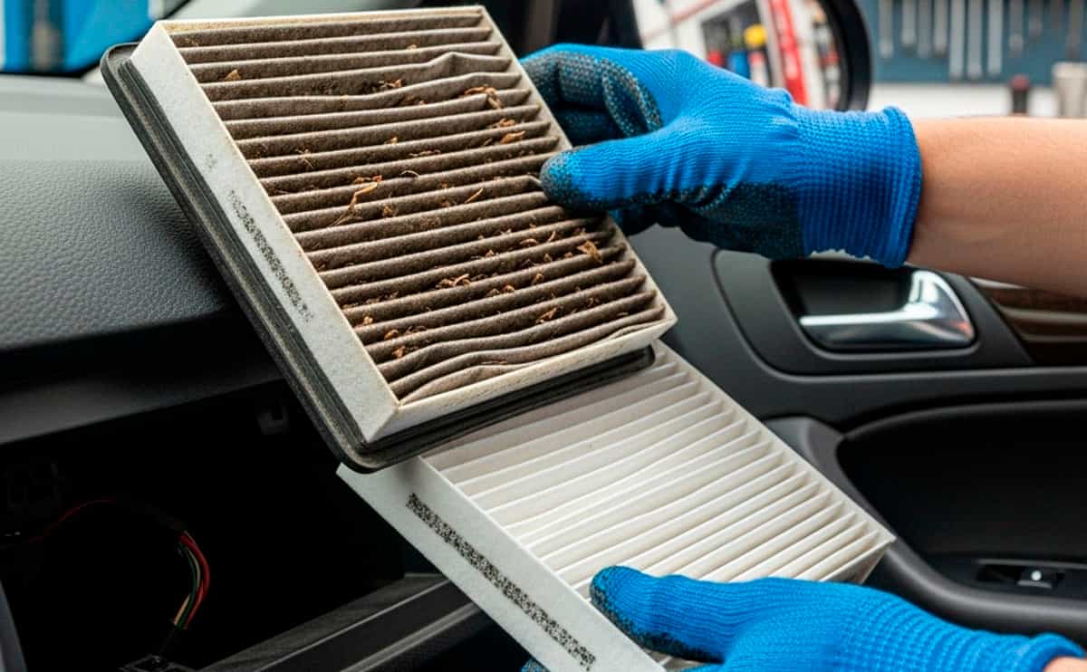 Imagen de un filtro de habitáculo sucio siendo reemplazado en un coche de segunda mano.