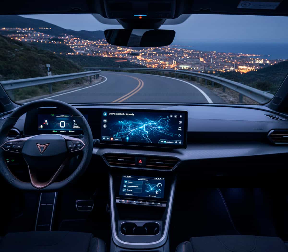 Coche eléctrico con interfaz de IA en el salpicadero, mostrando integración de inteligencia artificial en automóviles